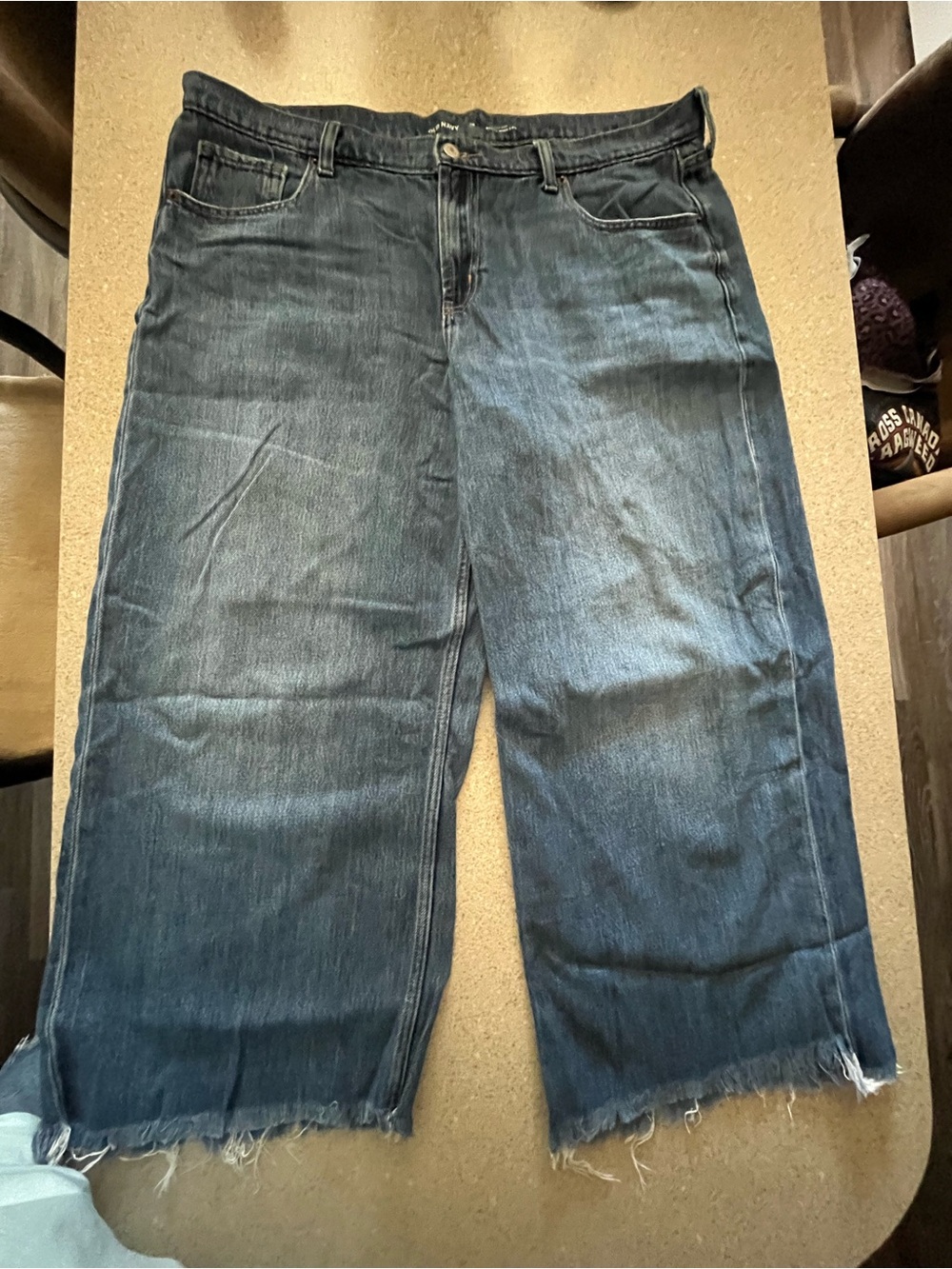 Old Navy Women’s Dark Blue Cut-Off Denim Jeans Baggy Wide Leg